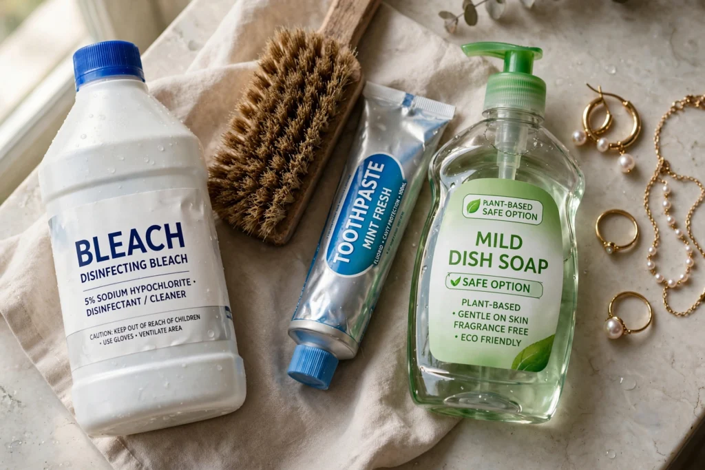 Examples of incorrect jewelry cleaning methods including harsh chemicals and rough brushes.