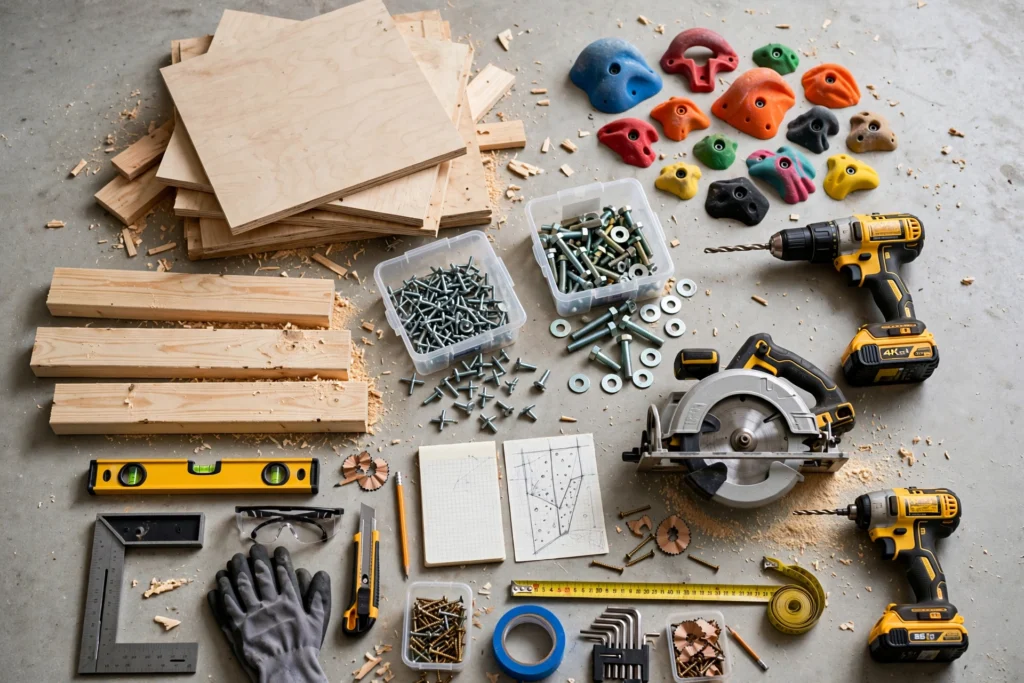 Essential materials and power tools required to build a strong DIY home climbing wall.