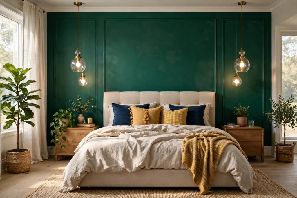 Modern bedroom featuring a deep green accent wall, luxurious bedding, and warm lighting.