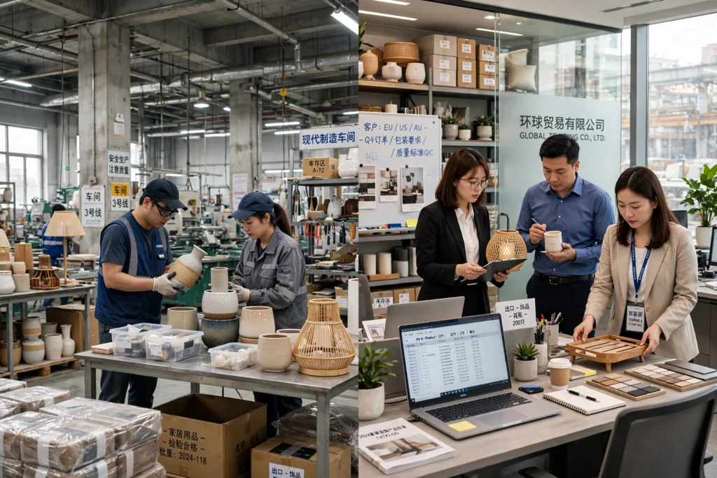 Comparison between a Chinese manufacturing factory and a trading company office.
