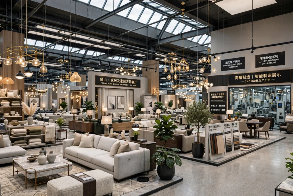 Large modern showroom displaying furniture and home decor products manufactured in Foshan, China.