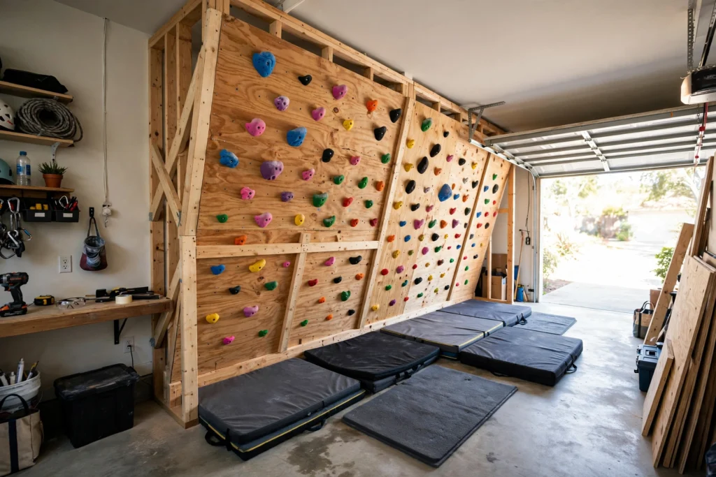 Modern DIY indoor home climbing wall built inside a garage using plywood climbing panels and colorful climbing holds.