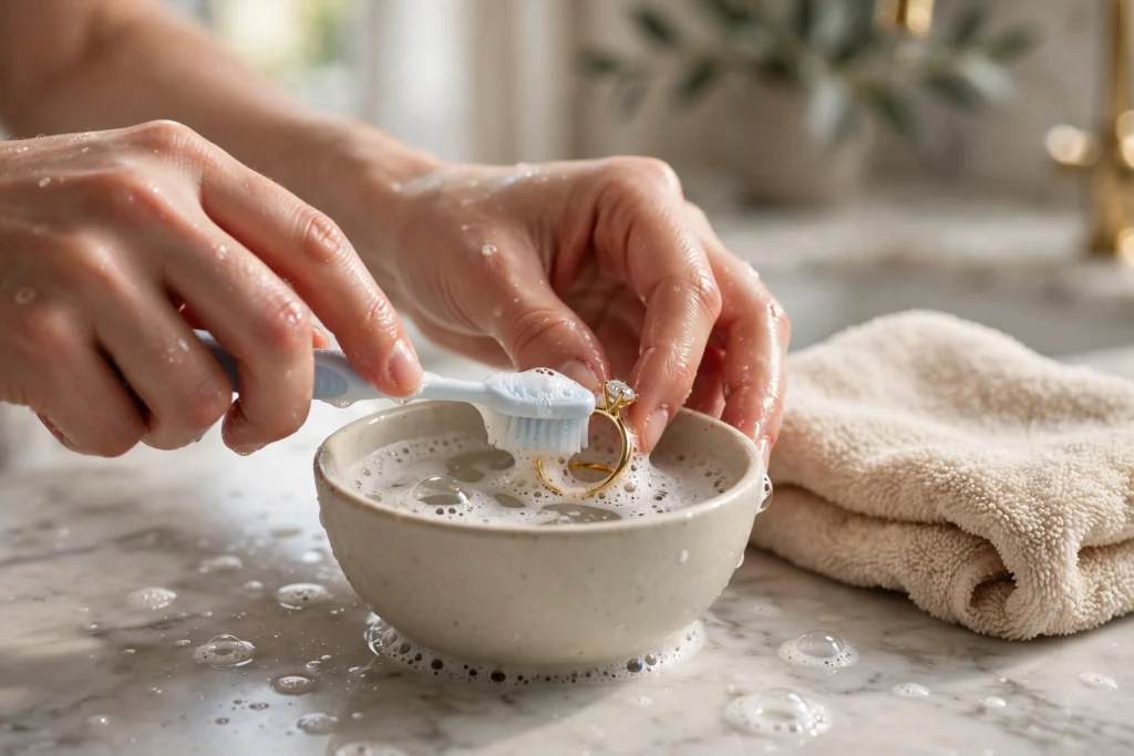 Person gently cleaning a gold ring in warm soapy water using a soft toothbrush