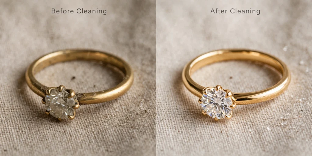 Comparison showing dull jewelry before cleaning and sparkling jewelry after cleaning.
