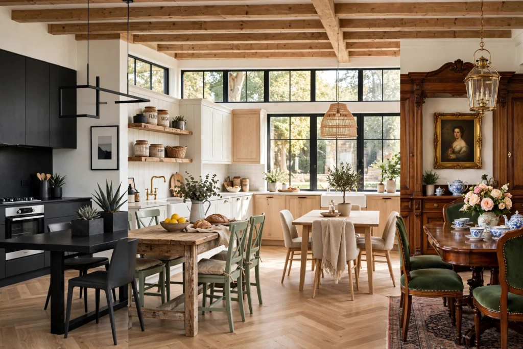 Kitchen featuring different interior decorating styles with matching dining tables.