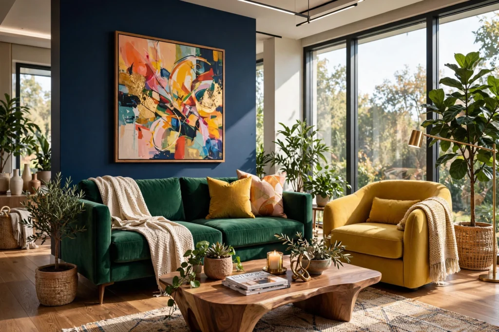 Modern living room featuring bold colorful furniture, artwork, and vibrant wall accents.