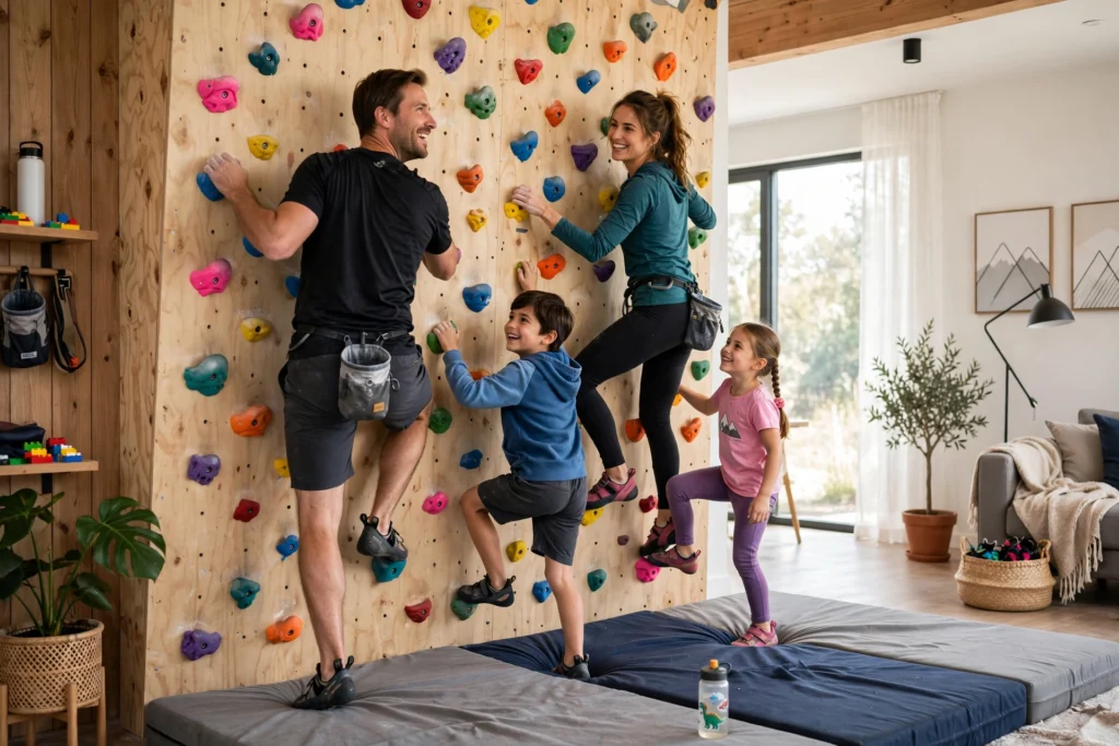 Parents and children climbing together on a safe indoor home climbing wall with crash mats below.