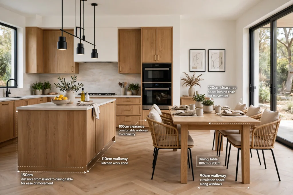 Properly sized kitchen table with adequate walking space around it.