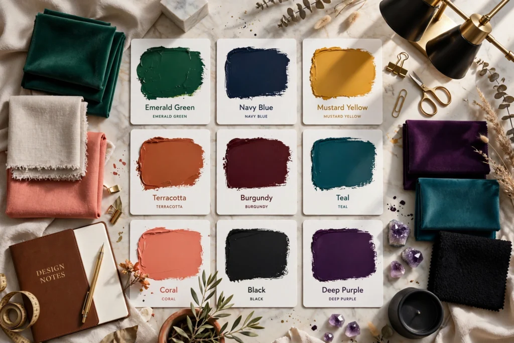 Collection of bold interior paint colors and home decor accessories arranged in a stylish palette.