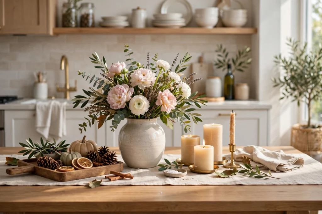 Minimal kitchen table centerpiece featuring flowers, candles, and decorative accessories.