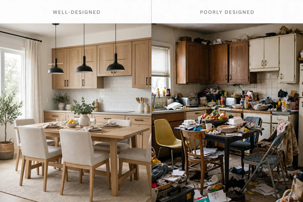 Comparison showing good and poor kitchen table placement and styling.