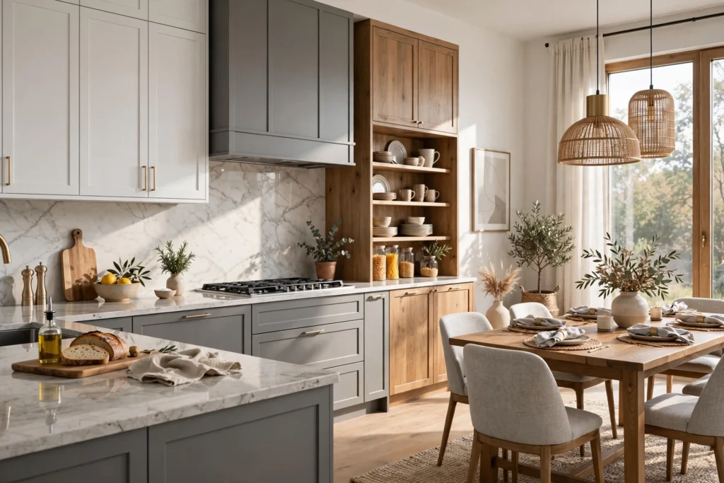 Kitchen table complementing white, gray, and natural wood cabinets.