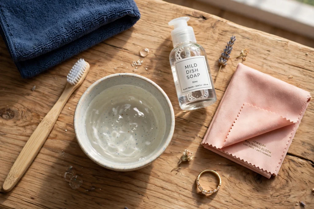 Basic supplies for safely cleaning jewelry at home.