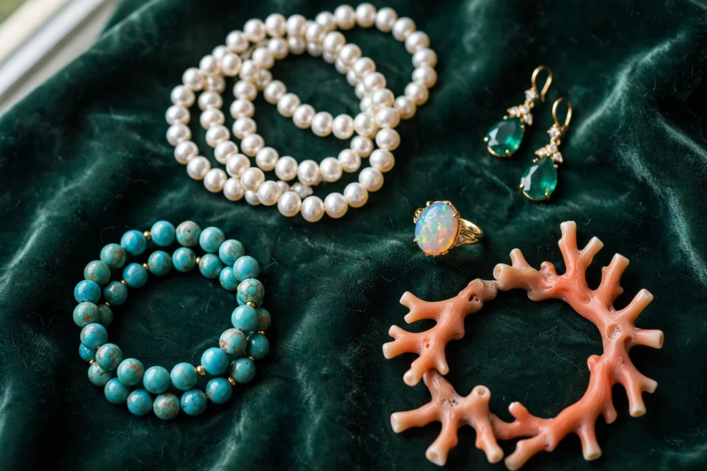 Pearls, opals, turquoise, emeralds and coral jewelry displayed carefully.