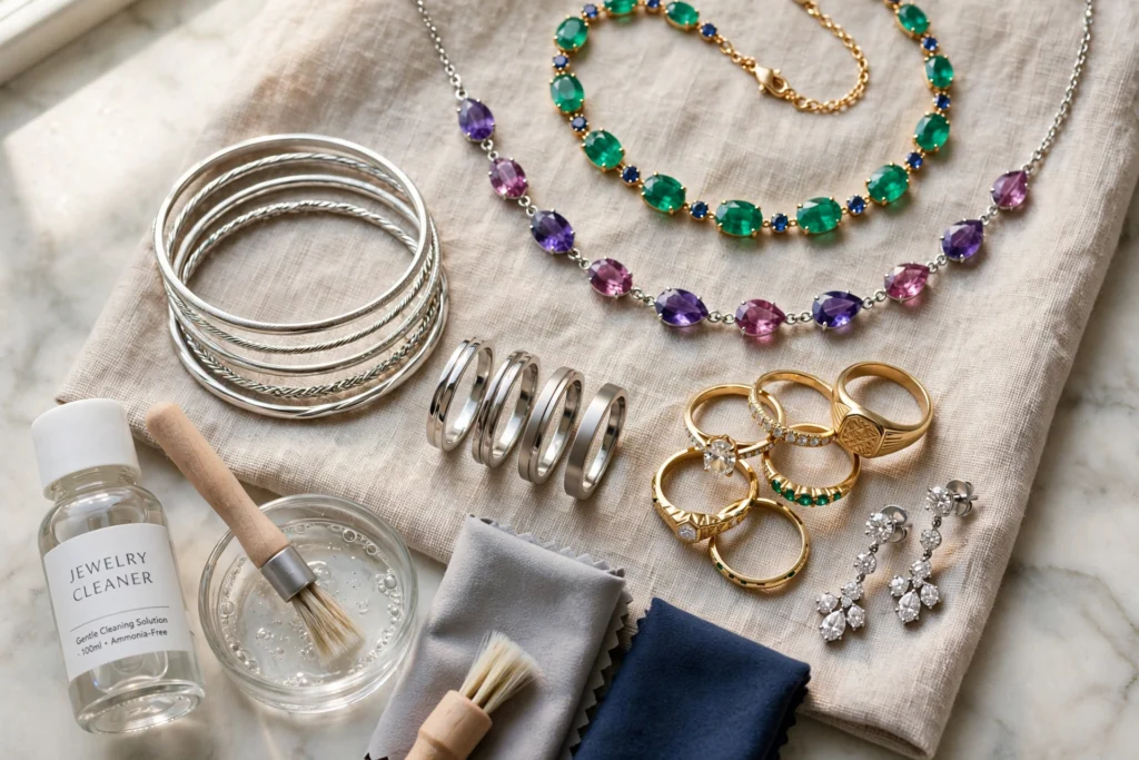 Different precious metals and gemstones displayed during the jewelry cleaning process.