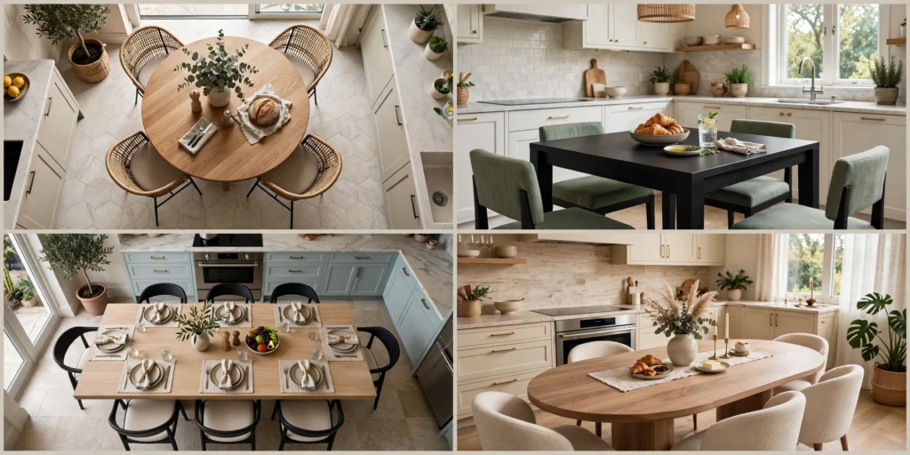 Round, square, rectangular, and oval kitchen tables in different kitchen layouts.