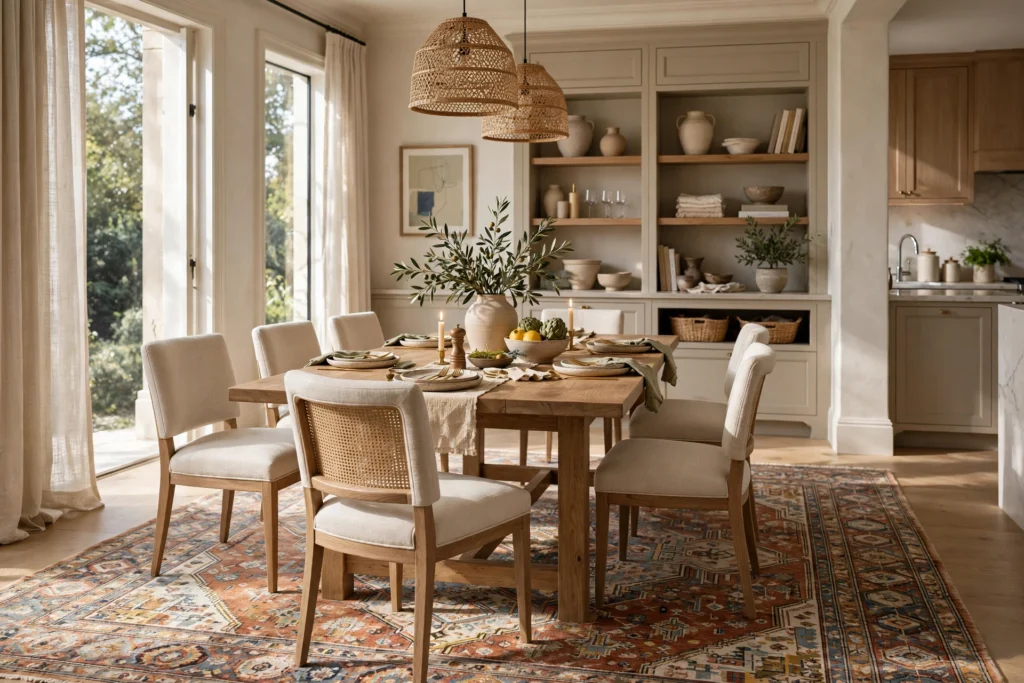 Modern dining table placed on a stylish area rug that complements the kitchen decor.