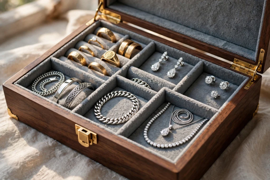 Clean jewelry organized inside a soft-lined jewelry box.