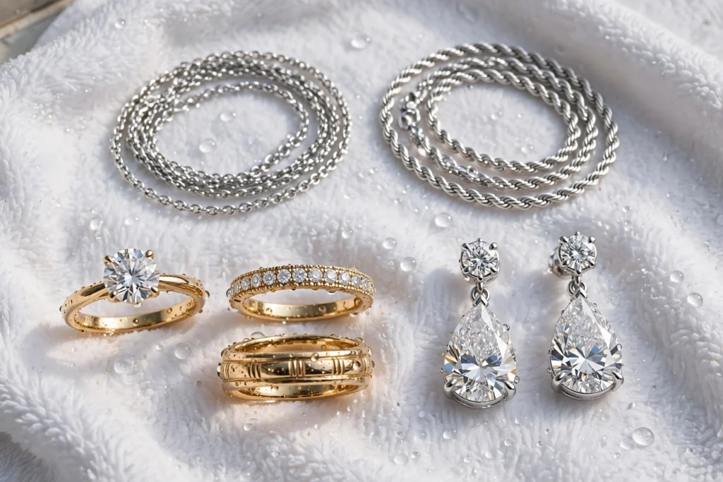 Freshly cleaned gold and silver jewelry shining after gentle washing.