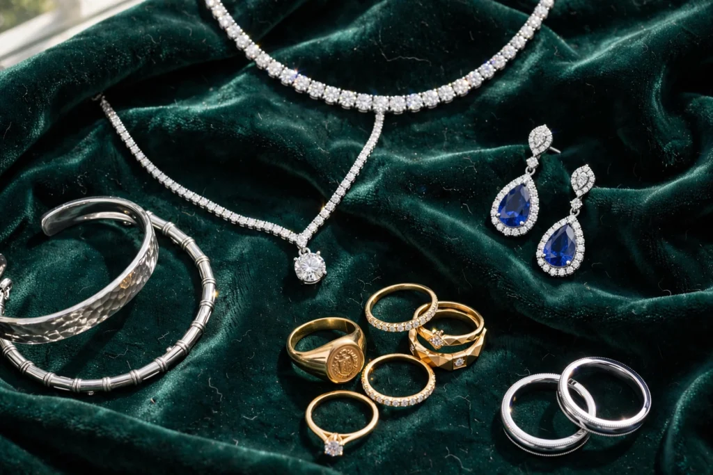 Gold, silver, platinum and gemstone jewelry arranged neatly.