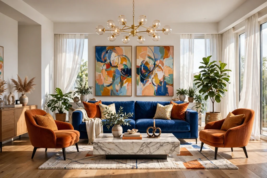 Modern living room decorated with colorful furniture, statement lighting, and vibrant wall art.