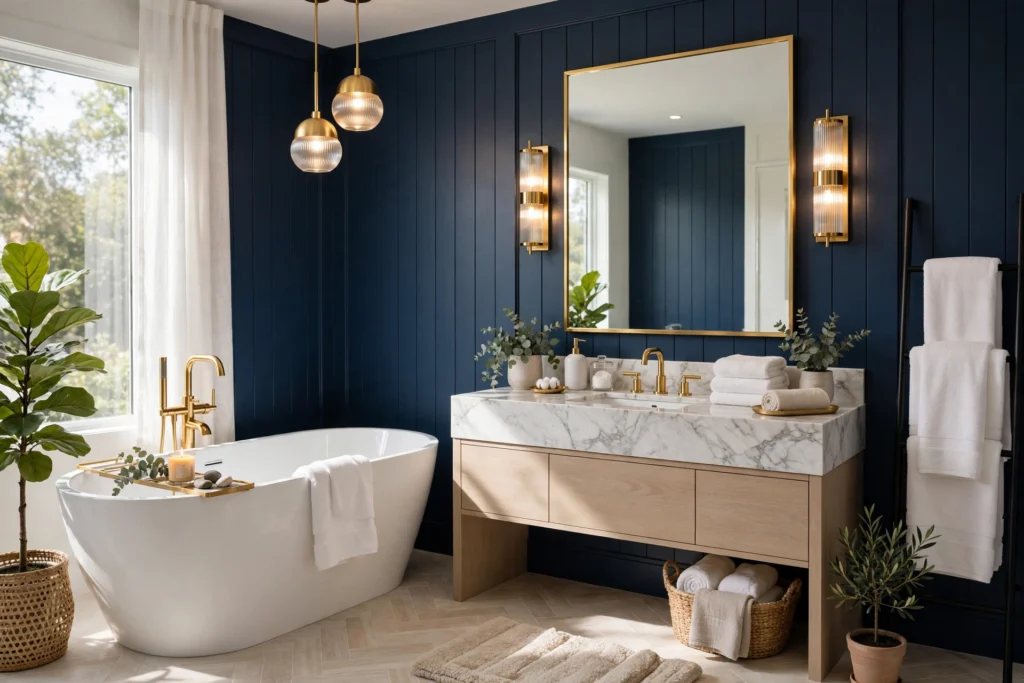 Luxury bathroom featuring dark blue walls, gold fixtures, and elegant colorful accessories.
