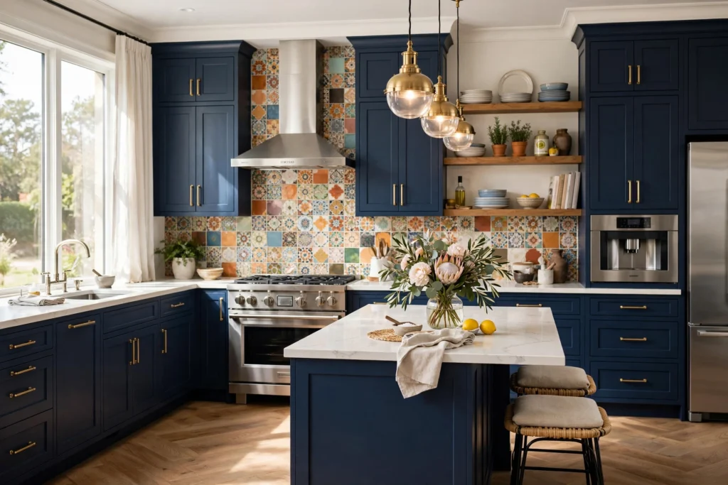 Stylish kitchen featuring navy cabinets, brass hardware, white countertops, and colorful decor accents.