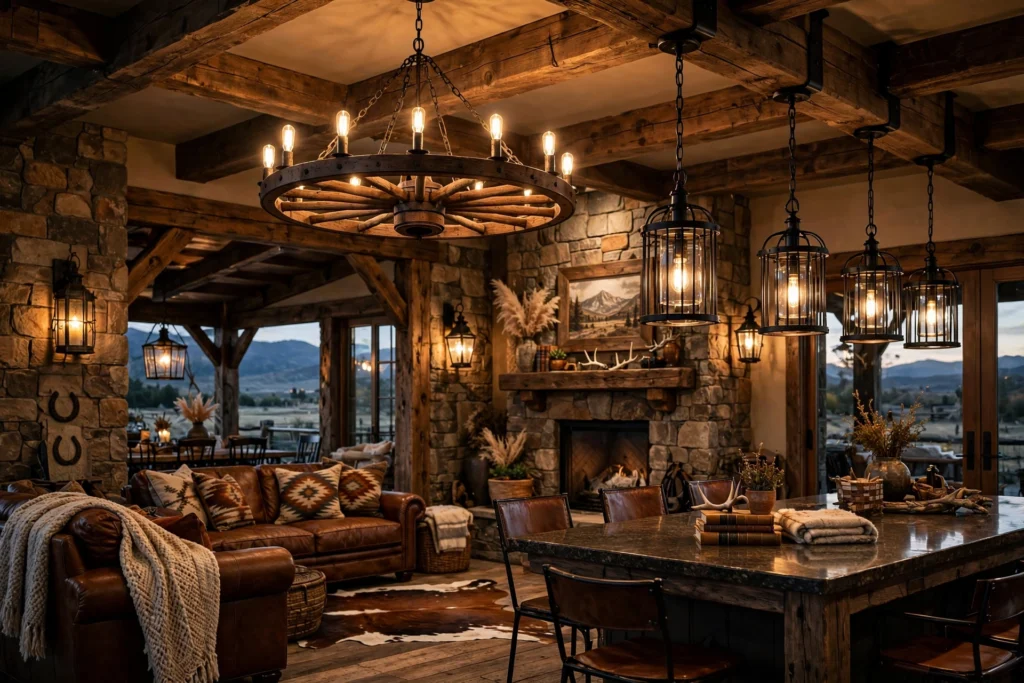 Western-style lighting featuring wagon wheel chandeliers, lantern sconces, and warm ambient lighting.
