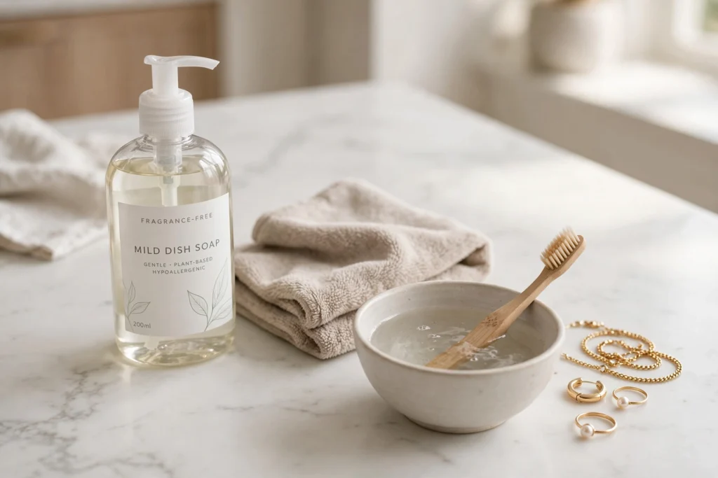 Bottle of mild dish soap beside jewelry cleaning supplies on a clean countertop.