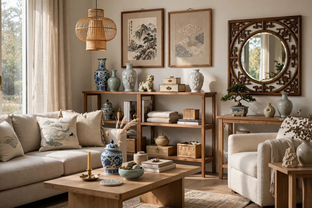 Assorted premium home decor products imported from China displayed in a stylish living room.