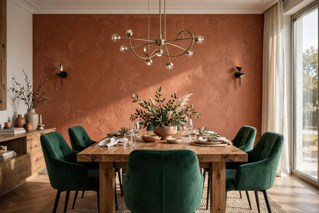 Dining room featuring a bold painted wall, wooden dining table, colorful chairs, and modern lighting.