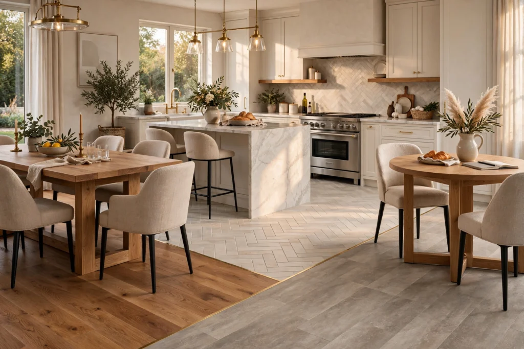 Wooden kitchen table paired beautifully with hardwood, tile, and luxury vinyl flooring.