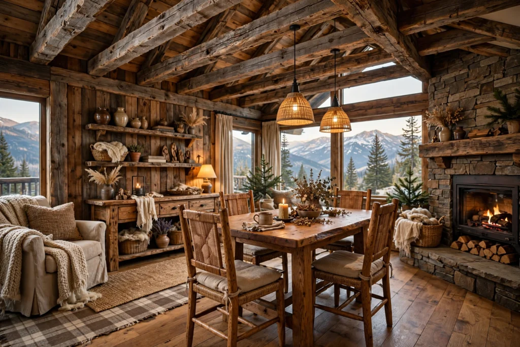 Rustic reclaimed wood beams, wooden wall panels, and handcrafted furniture in a western-style home.