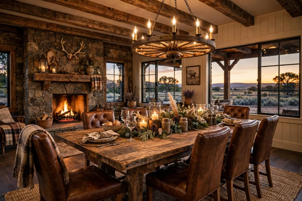 Western dining room with a large farmhouse table, leather chairs, and wagon wheel chandelier.