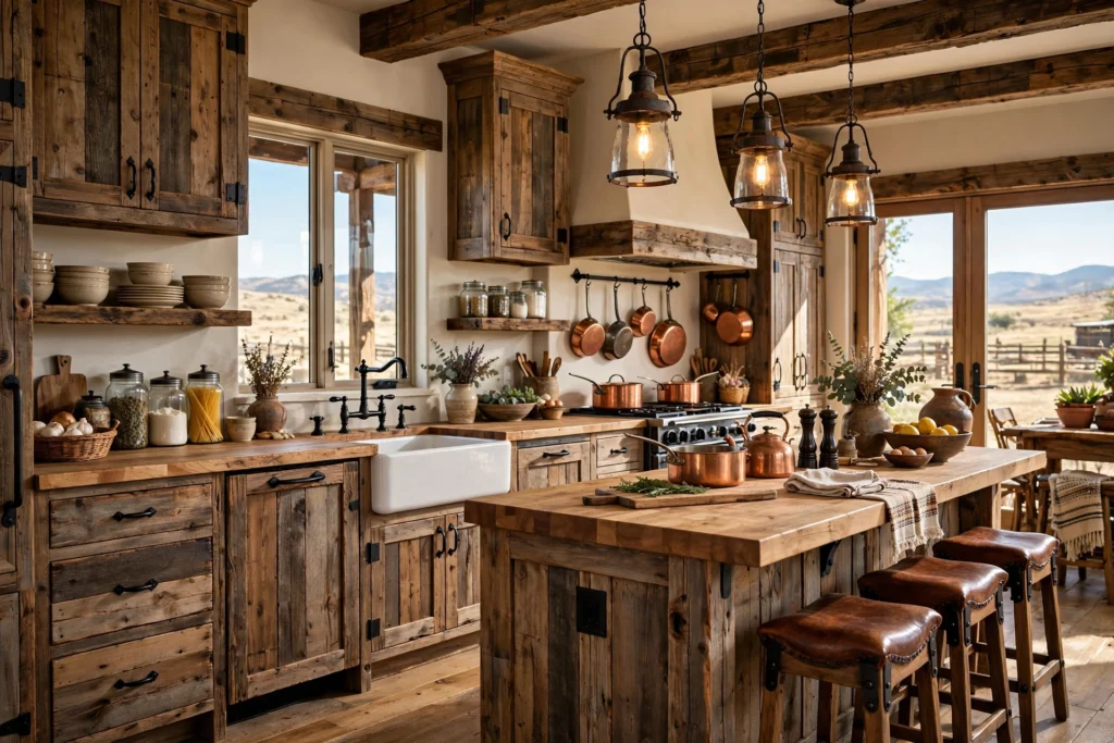 Western-style kitchen with wood cabinets, farmhouse sink, open shelving, and rustic lighting.