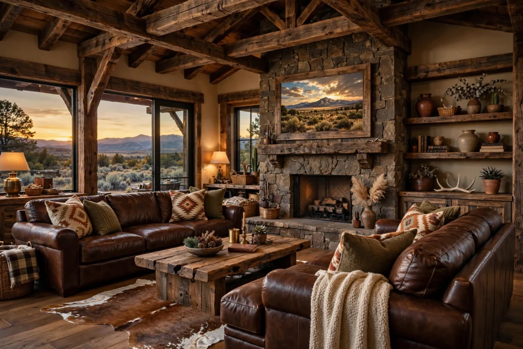 Rustic western living room featuring leather sofas, reclaimed wood coffee table, stone fireplace, and cozy western accessories.