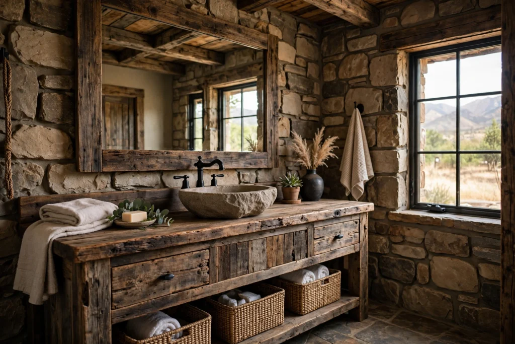 Western bathroom featuring a wooden vanity, stone sink, black fixtures, and rustic mirror.