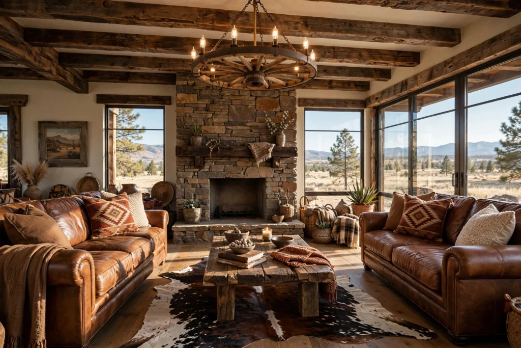 Beautiful western home decor living room with leather furniture, wood beams, cowhide rug, stone fireplace, and rustic accessories.