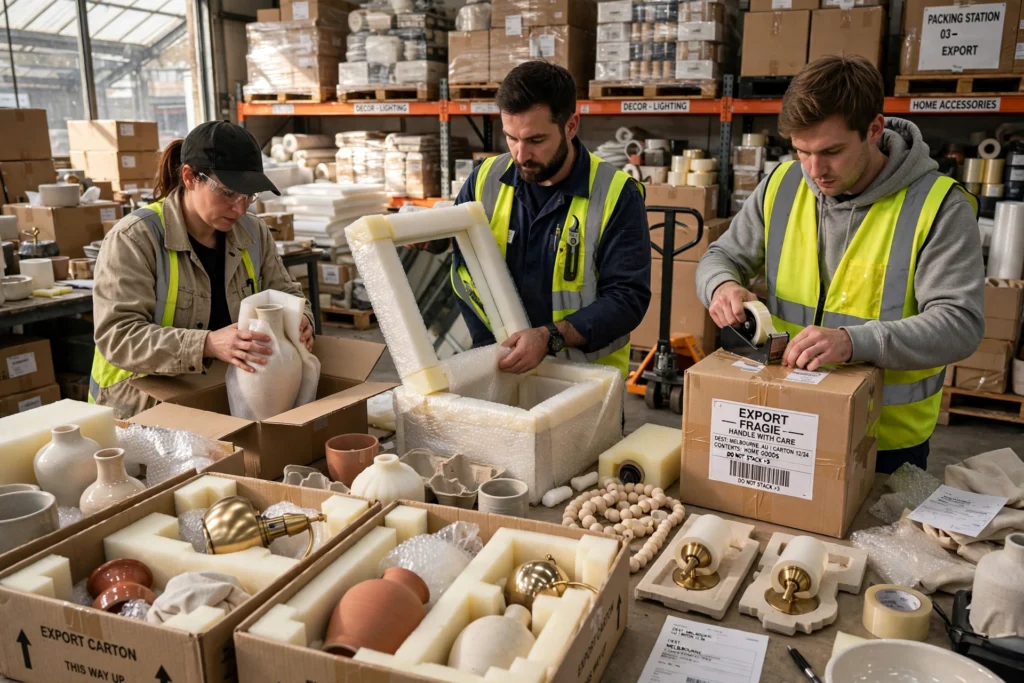Securely packaged home decor products prepared for international shipping.