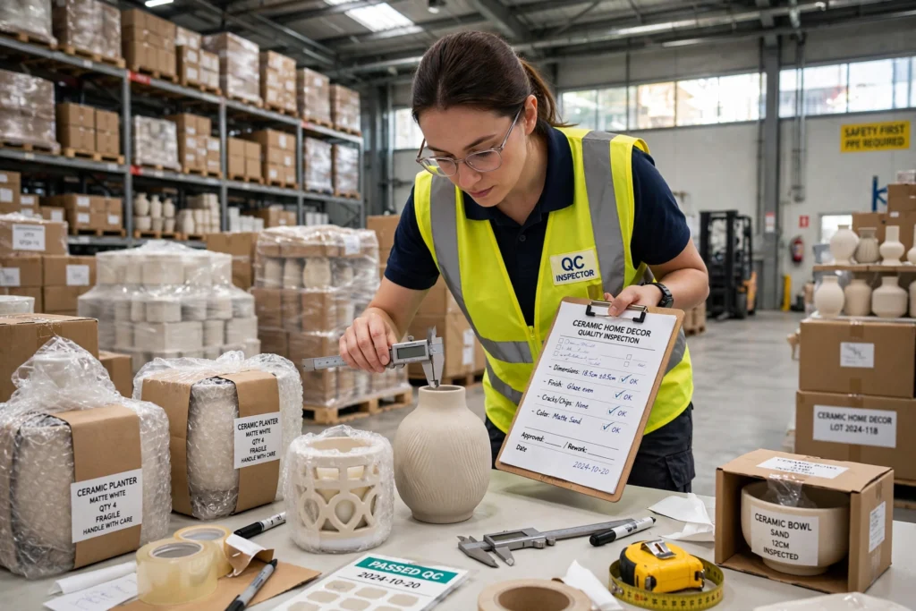 Inspector checking imported ceramic and decorative home products before shipment.