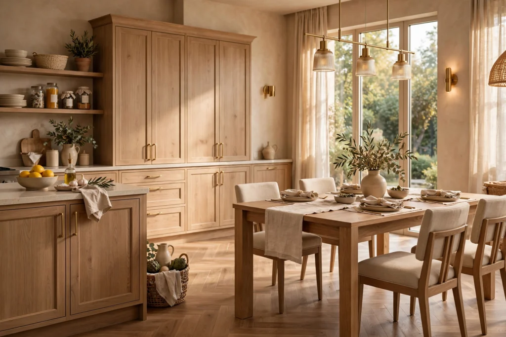 Various kitchen tables in coordinating colors with cabinets, flooring, and walls.
