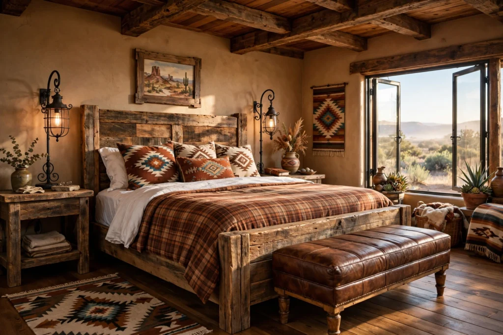 Rustic western bedroom with a wooden bed frame, leather bench, plaid bedding, and warm lighting.