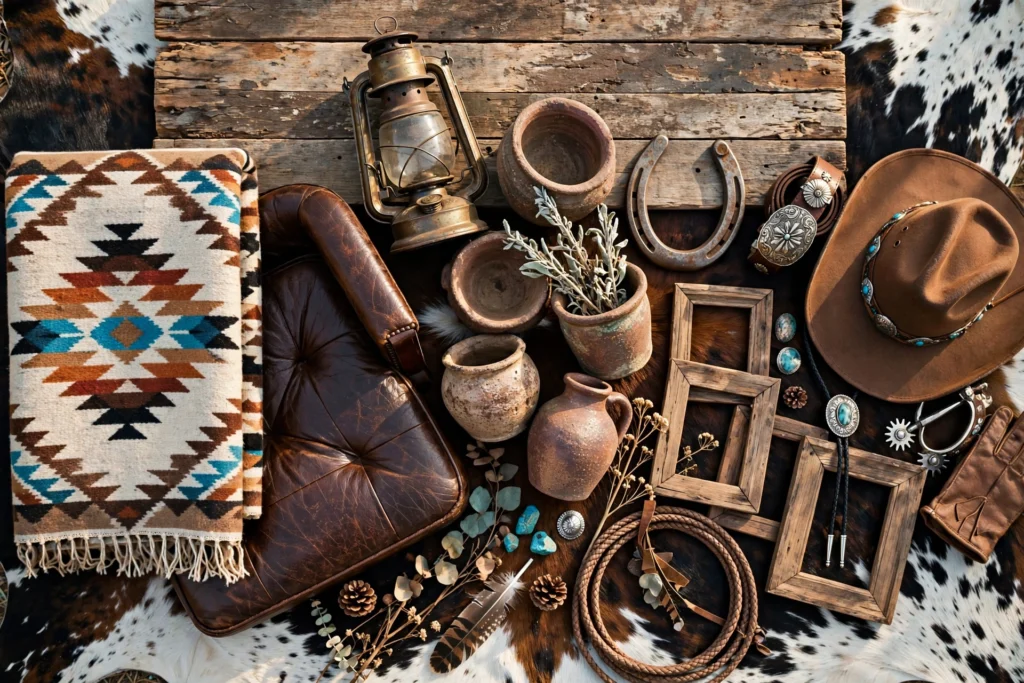 Collection of western home decor items including leather furniture, wooden table, cowhide rug, lantern lighting, woven blankets, and rustic accessories.