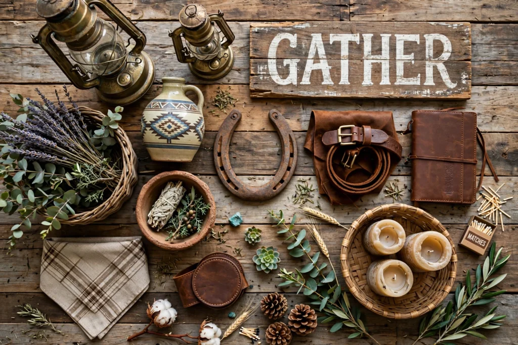 Collection of rustic western home accessories including lanterns, pottery, leather accents, wooden signs, and woven baskets.